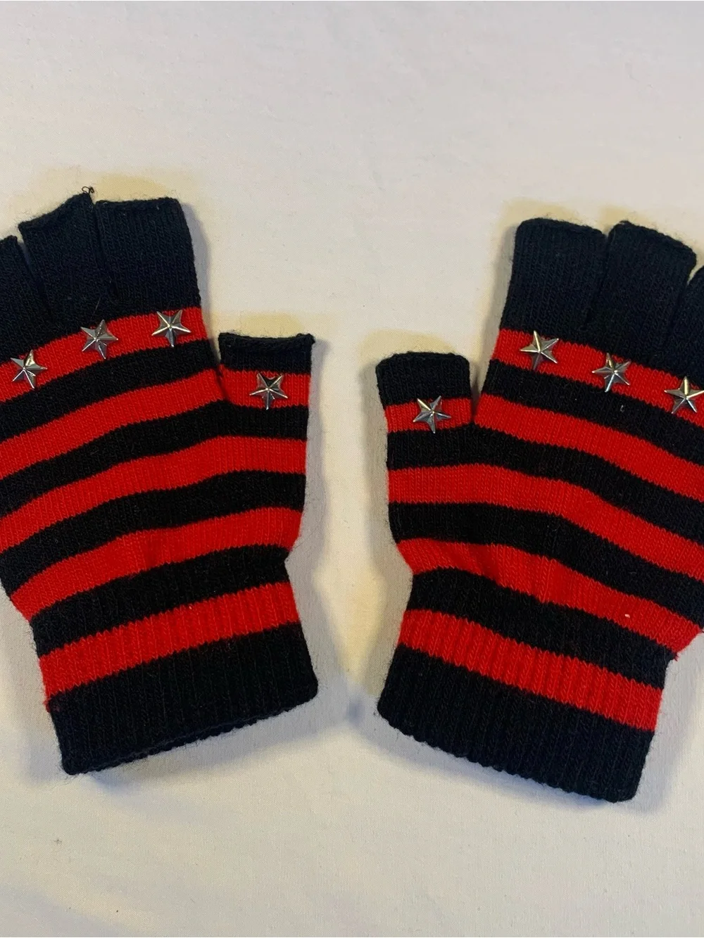 Hot Topic Black & Red Striped Fingerless Mittens with Star Studs